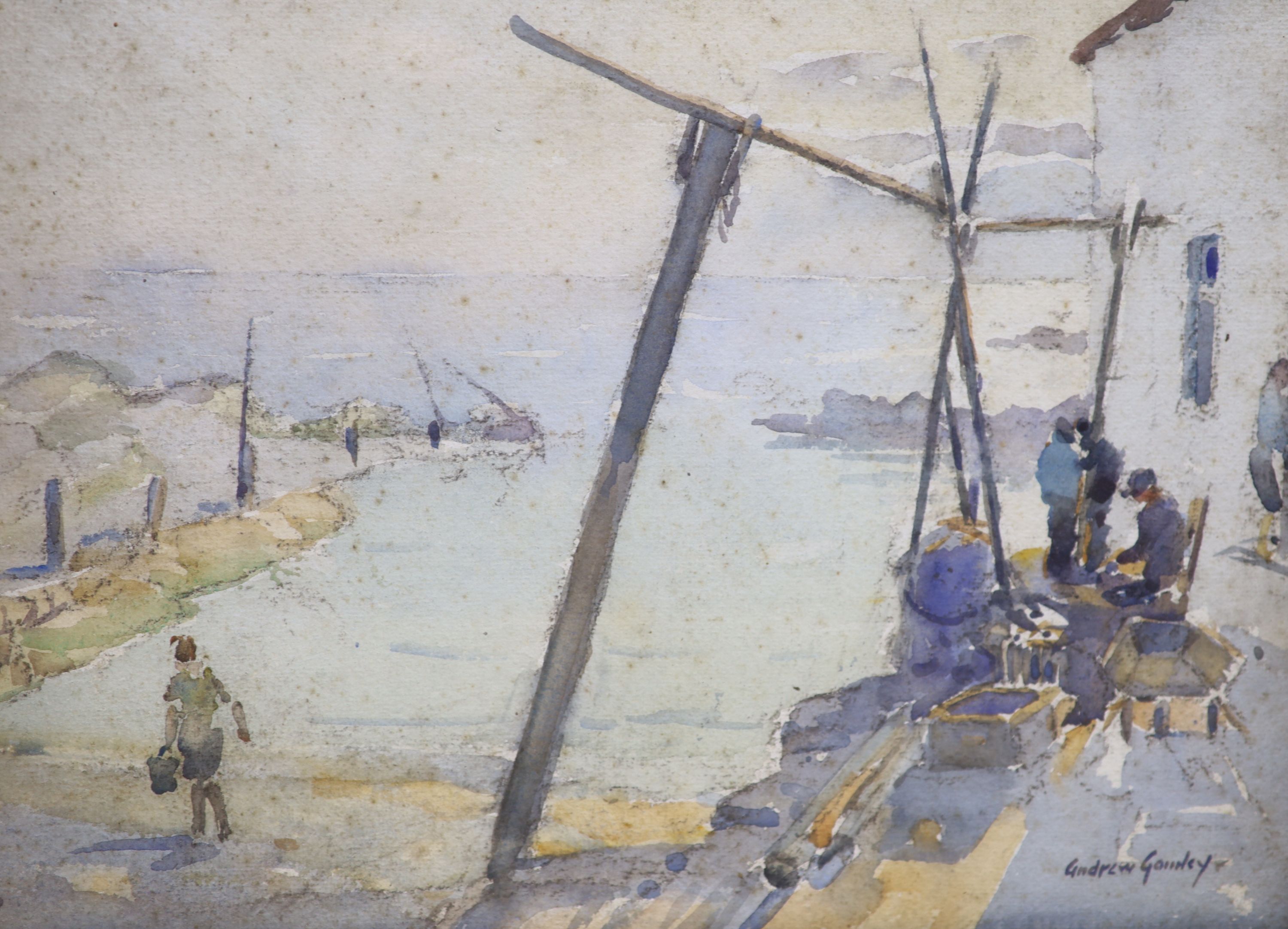 Andrew Archer Gamley (1869-1949), watercolour, Fishermen on the quay, signed, 27 x 37cm